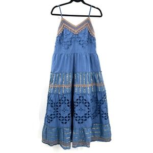 Farmers Market blue gold maxi dress sundress smocked crunchy tiered boho M